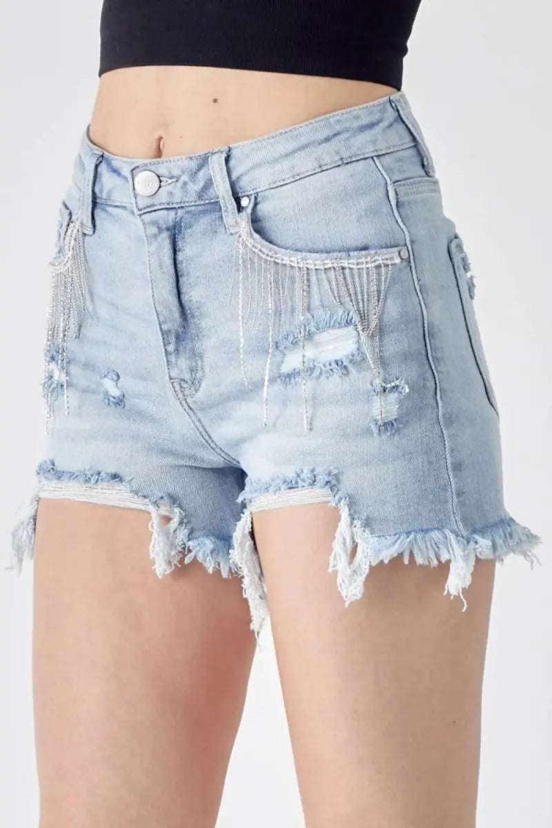 RISEN Frayed Hem Denim Shorts with Fringe Detail Pockets - Love Salve
